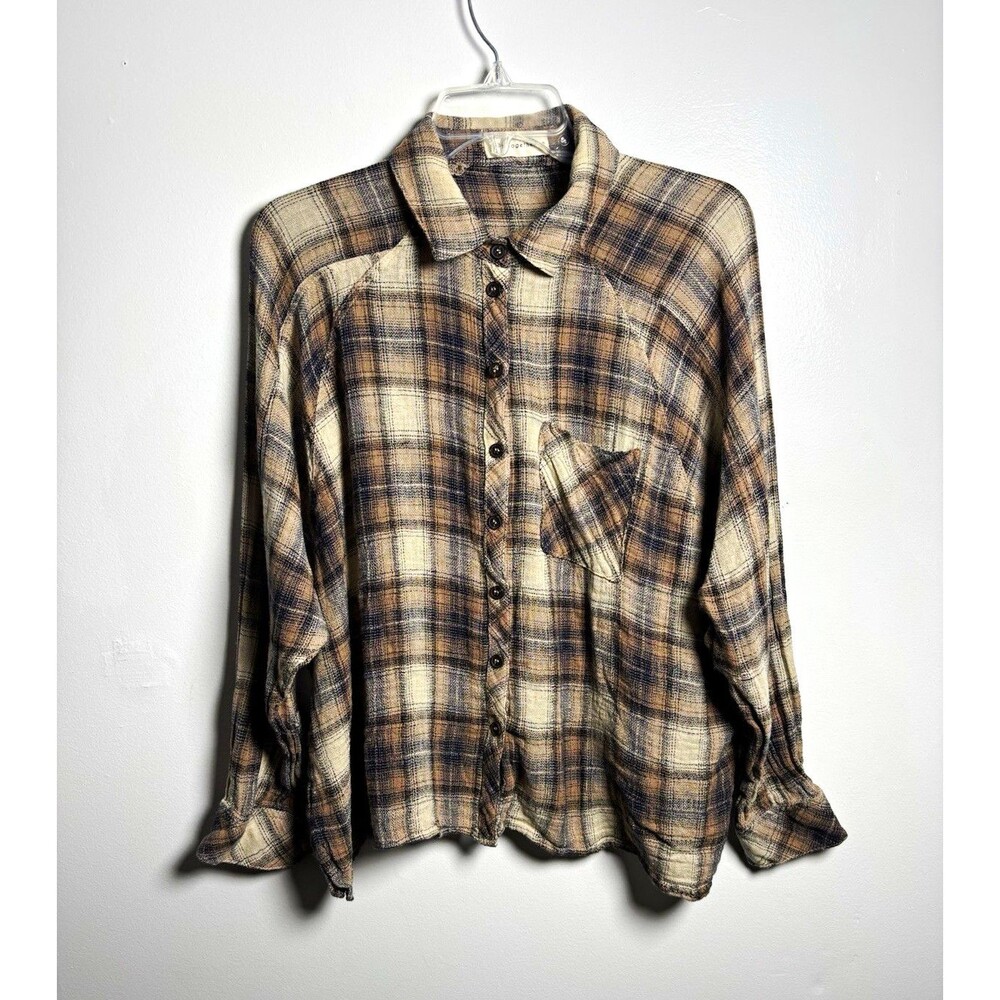By Together Women M Beige/Blue Plaid Long Slv Collared Button Up Woven Shirt